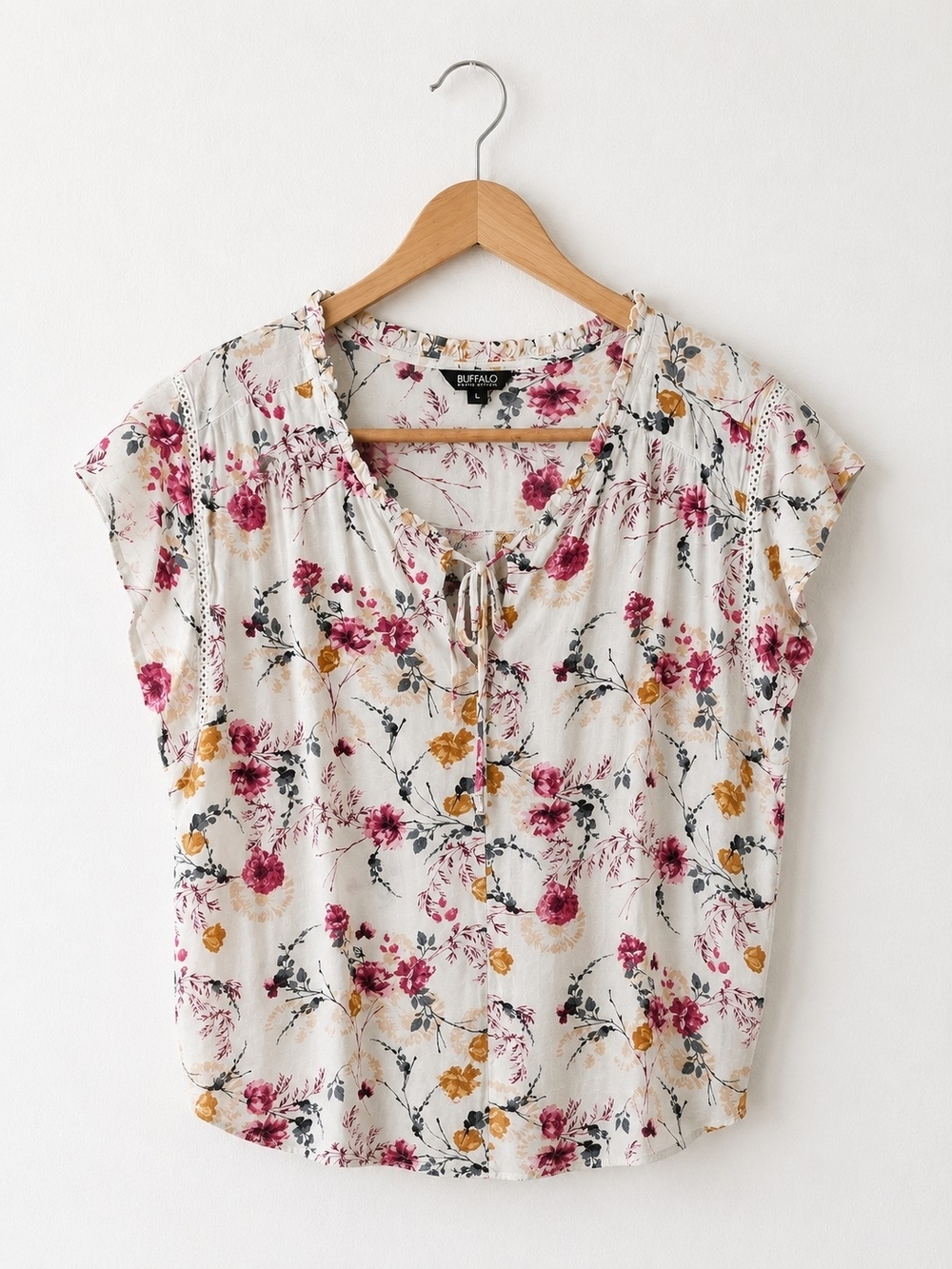 Floral Tie-Front Cap Sleeve Top - White with Pink & Yellow Floral Print